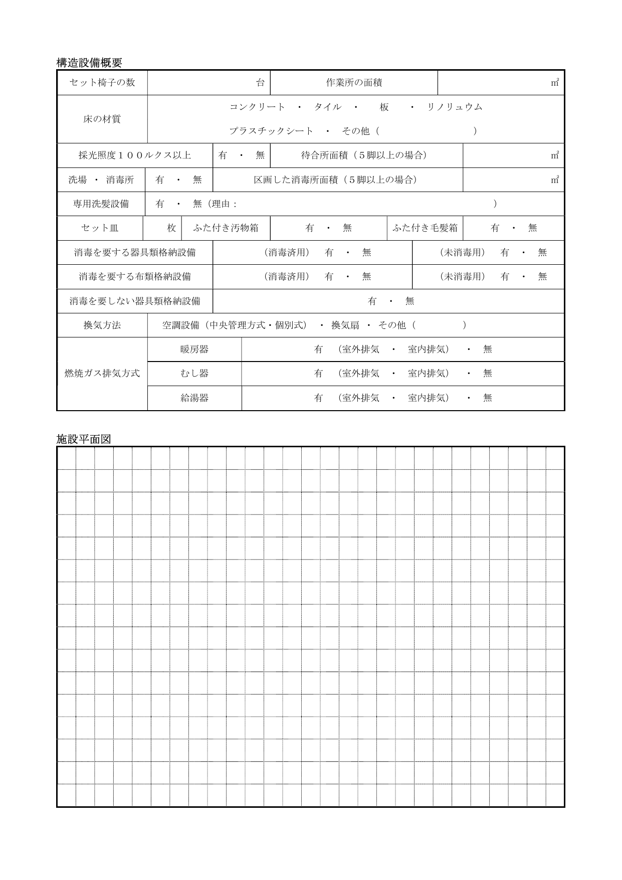 美容所の構造設備概要書（セット椅子数・床材質・採光照度・洗場・消毒設備の項目）と施設平面図の記入欄