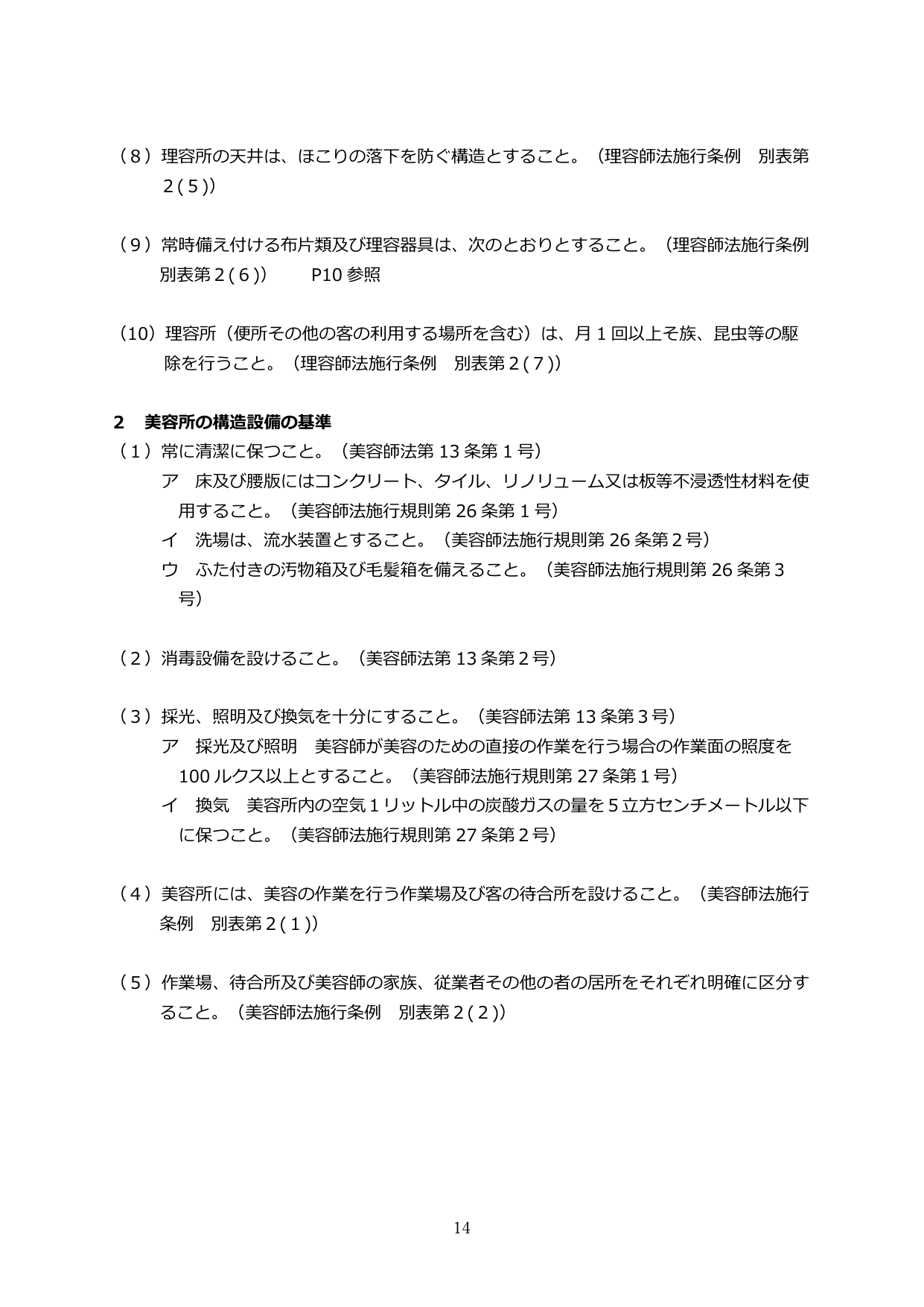 美容所の構造設備の基準(美容師法第13条に基づく床・消毒設備・採光・換気・作業場の区分要件一覧)