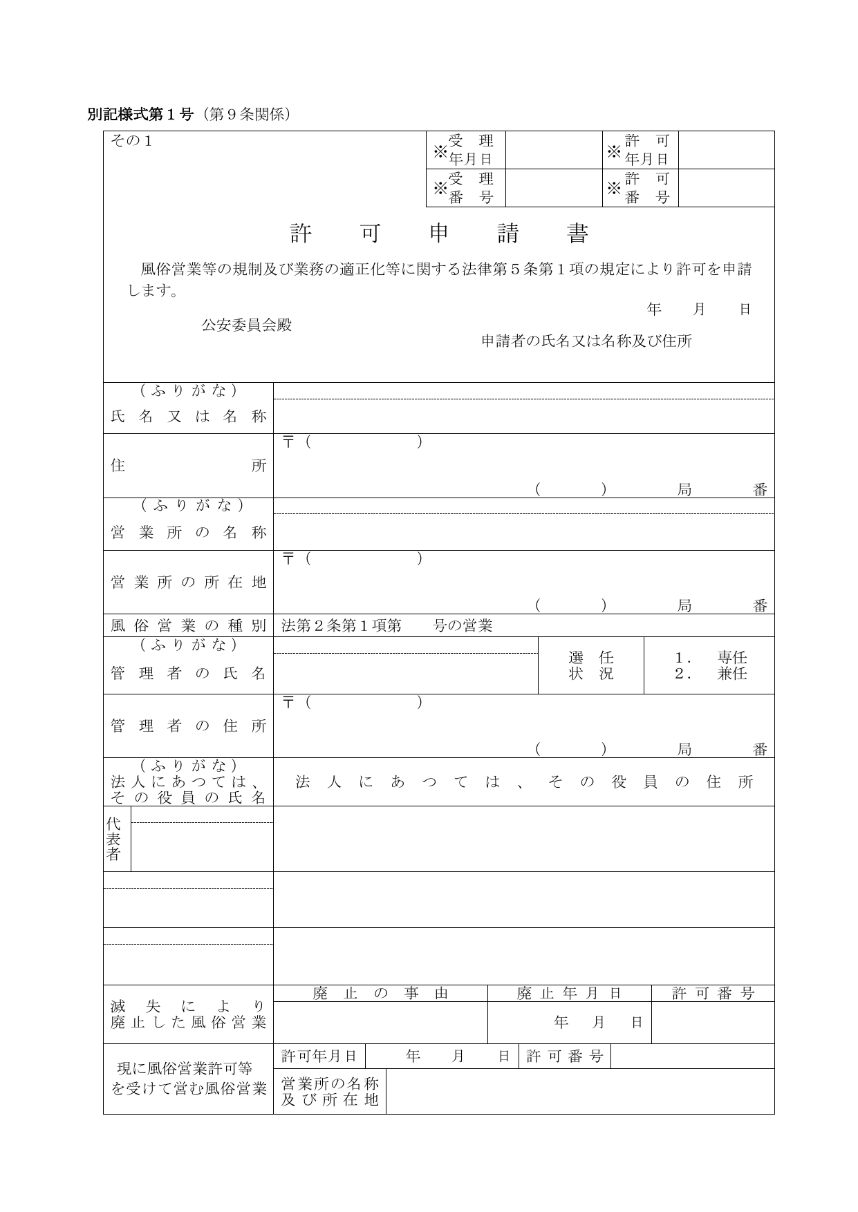 風俗営業許可申請書（別記様式第1号その1）の書式。申請者の氏名・住所・営業所名称・風俗営業の種別・管理者氏名等の記入欄が確認できる。