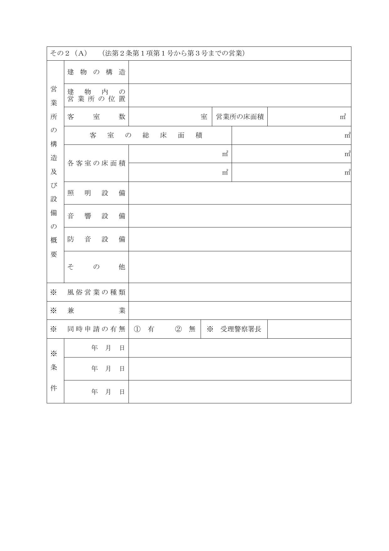 許可申請書に添付する「営業所の構造及び設備の概要」フォーム（1〜3号営業用）。客室数・各客室の床面積・照明設備・音響設備・防音設備の記入欄が含まれる。