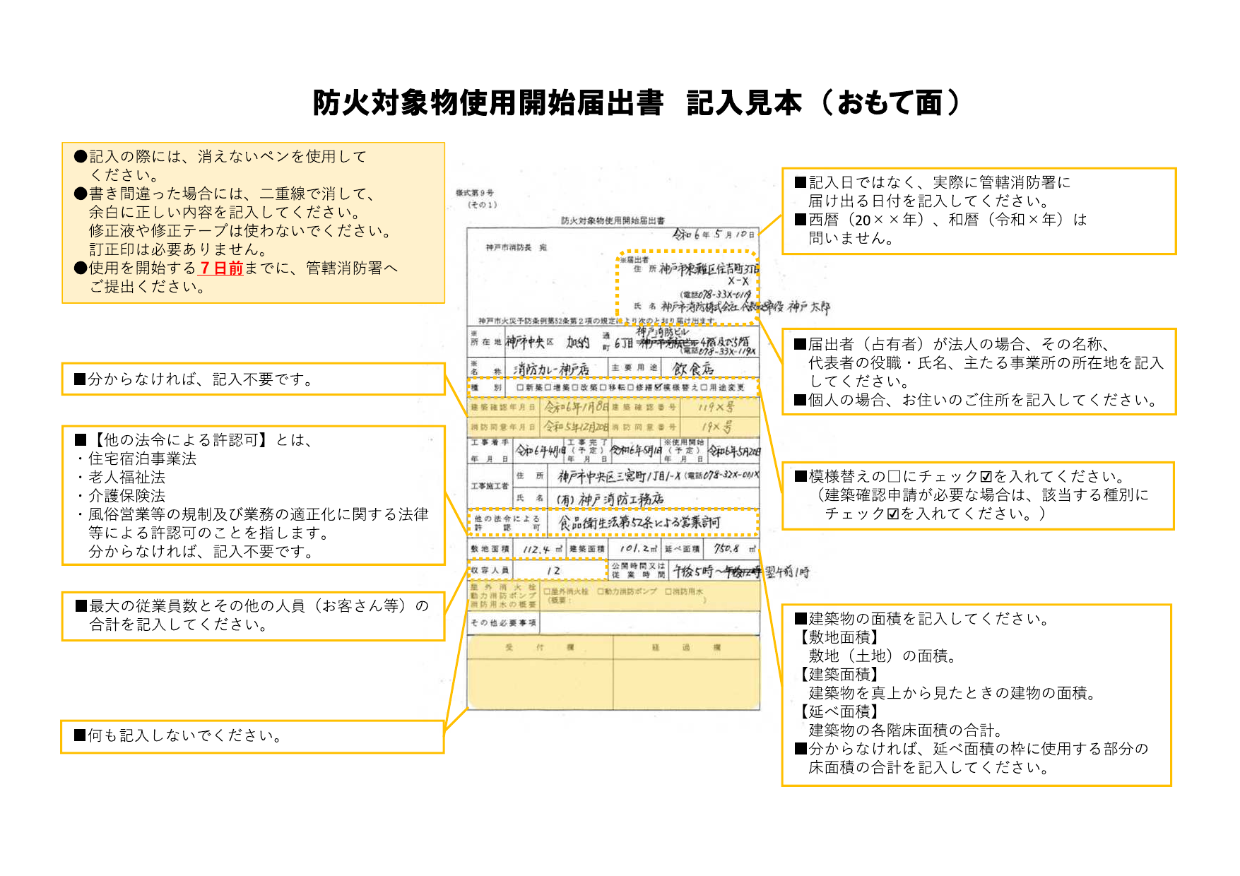 防火対象物使用開始届出書の記入見本。届出者・建物の用途・収容人員・面積・防火設備などの記入欄に記入例が記載されている