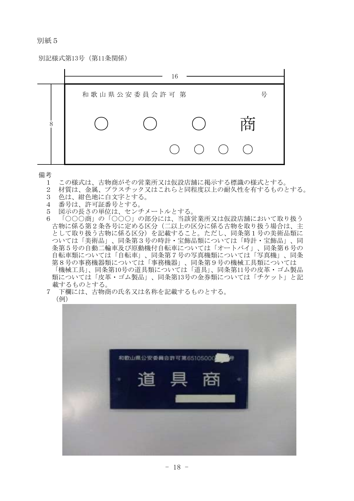古物商が営業所に掲示する標識（許可プレート）の様式。紺色地に白文字で許可証番号・古物種別・氏名を記載。実物写真（道具商）付き