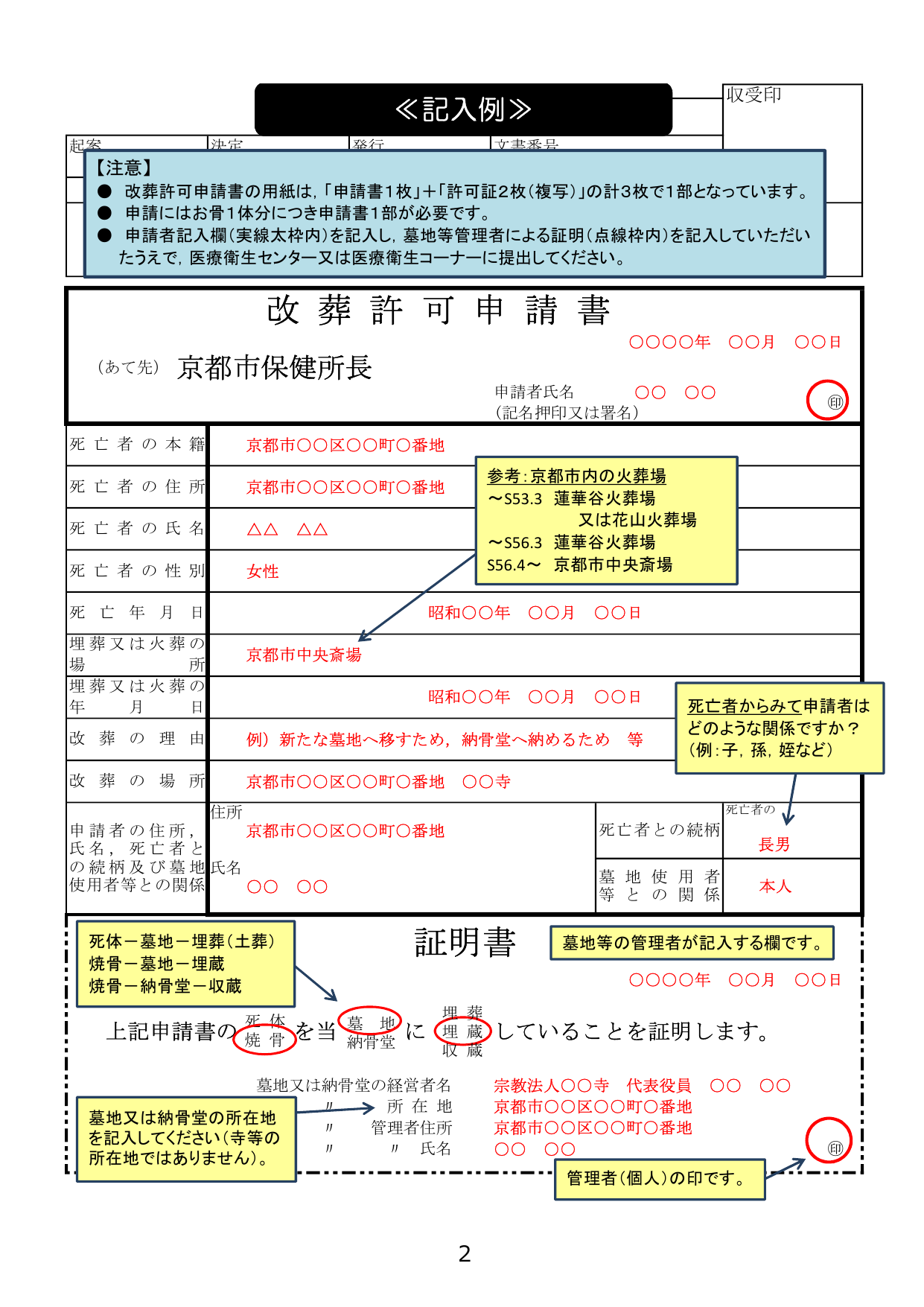 改葬許可申請書の詳細記入例（京都市）