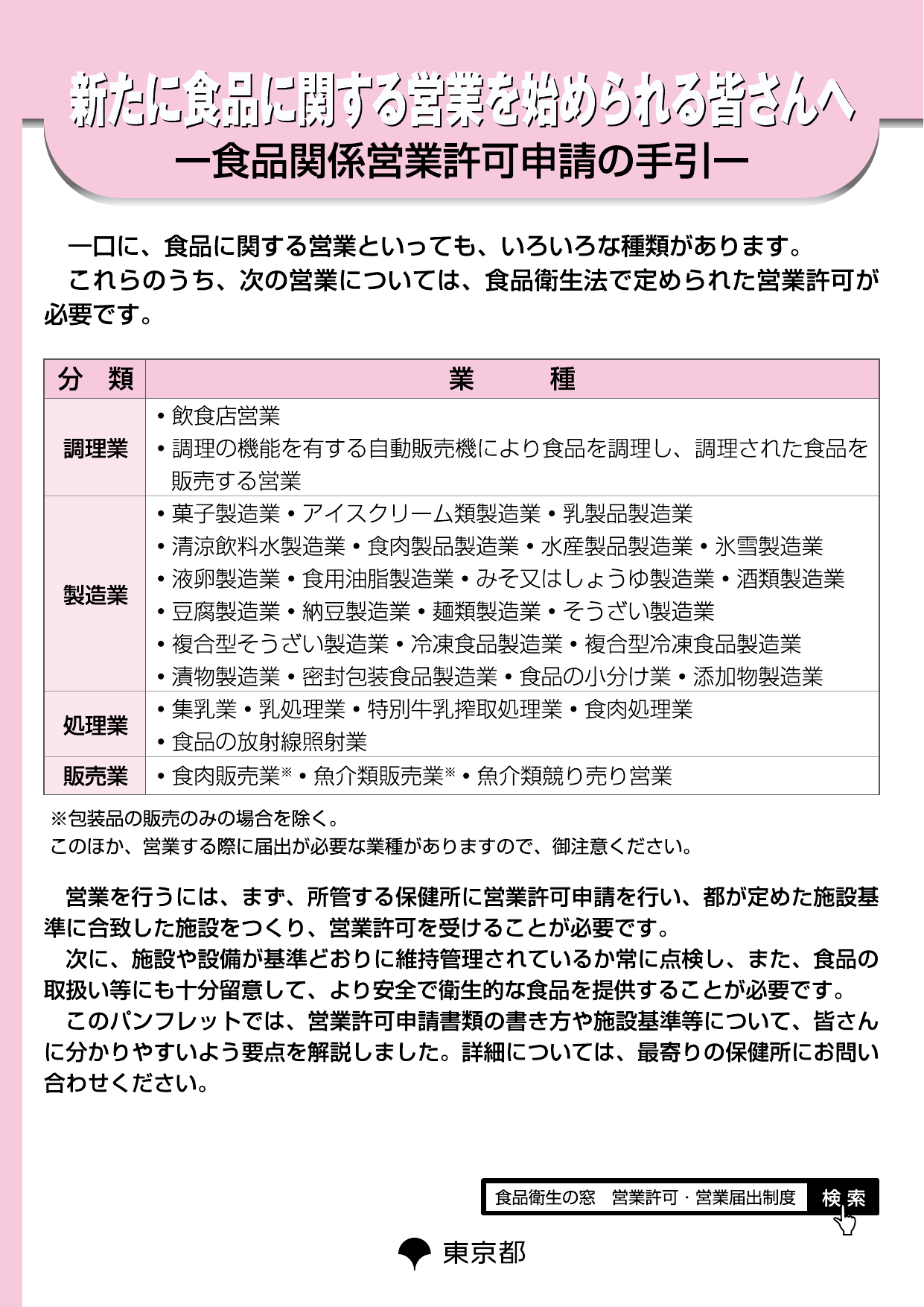 食品衛生法上の営業許可が必要な業種一覧（東京都）