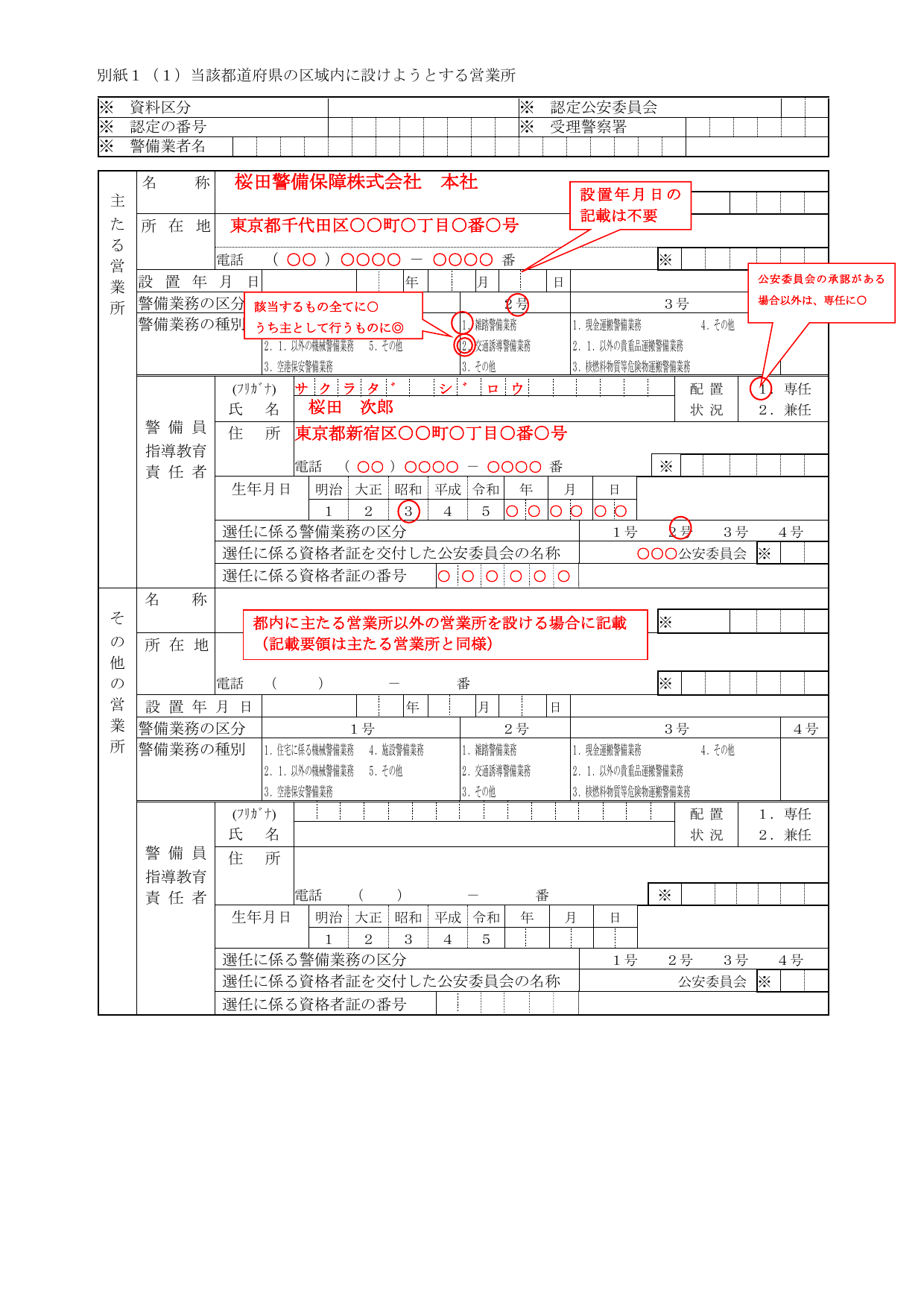 警備業認定申請書 別紙1の記載例。主たる営業所の名称・住所・警備業務の区分・警備員指導教育責任者の情報を記入する欄がある