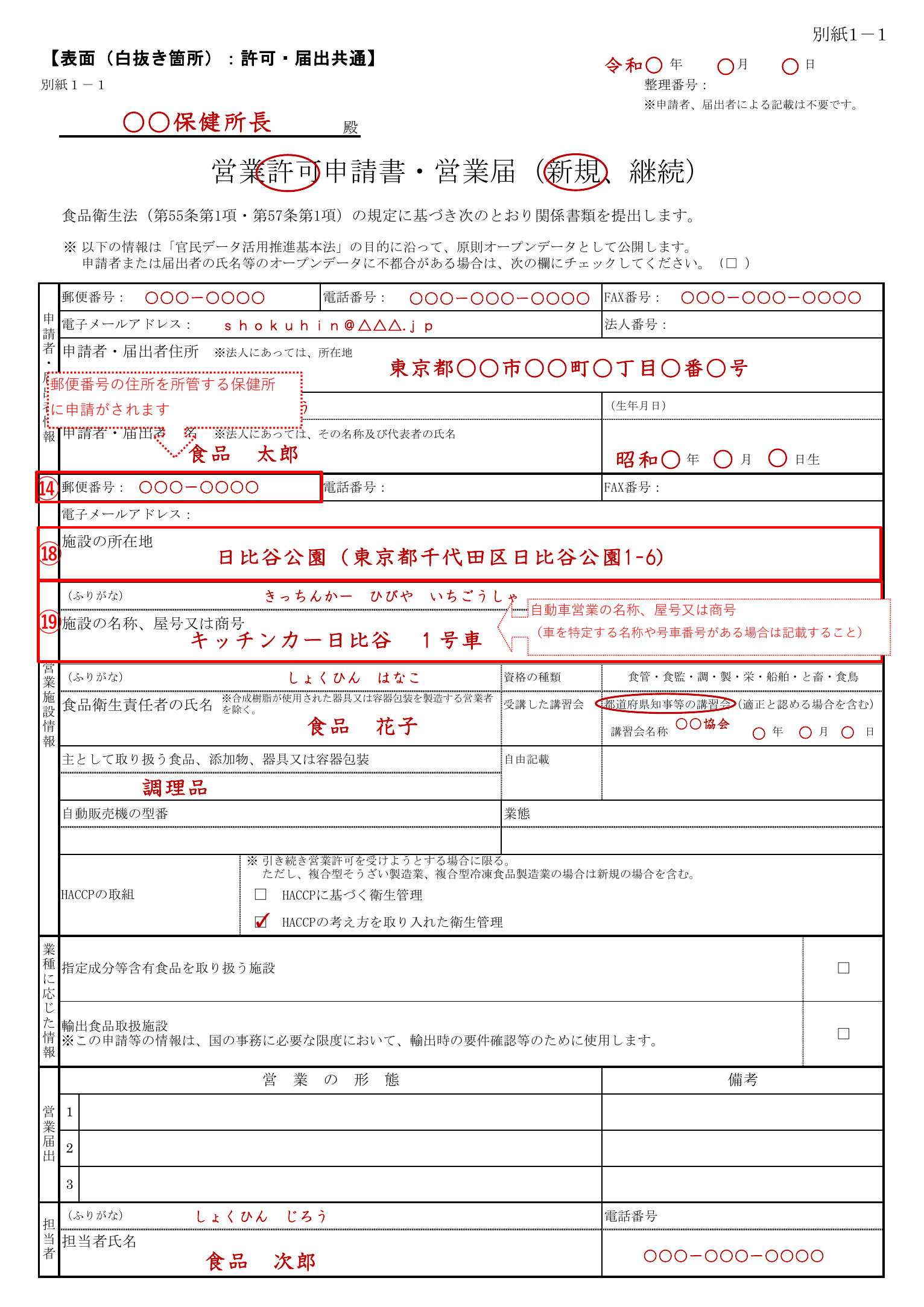 営業許可申請書の記入例（表面）。施設の名称欄に「キッチンカー日比谷1号車」と記載し、食品衛生責任者氏名や主な取扱食品（調理品）が記入されている