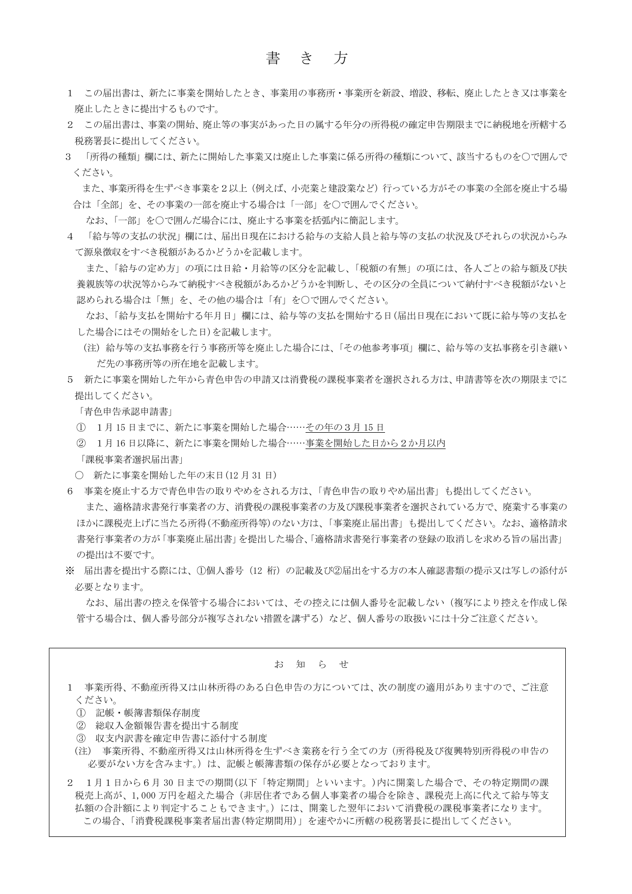 個人事業の開業廃業等届出書の記載方法を説明する国税庁の公式書き方ガイド。各記入欄の説明・提出方法・注意事項が記載されている