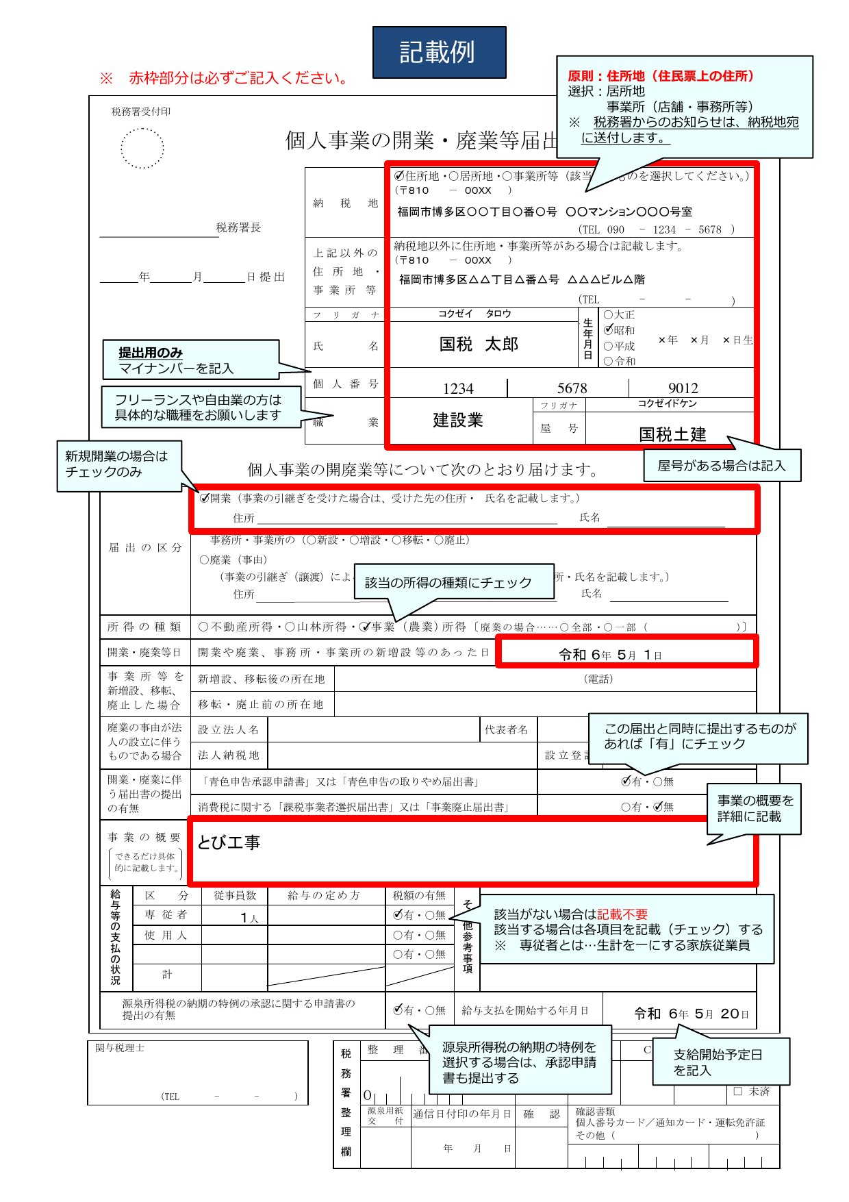 個人事業の開業廃業等届出書の記載例。屋号・住所・事業内容・開業日などの記入箇所を赤枠と解説で示したサンプル