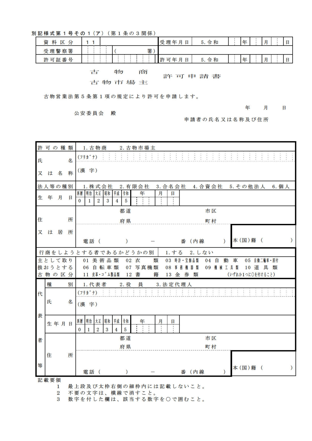 古物商許可申請書（様式第1号）