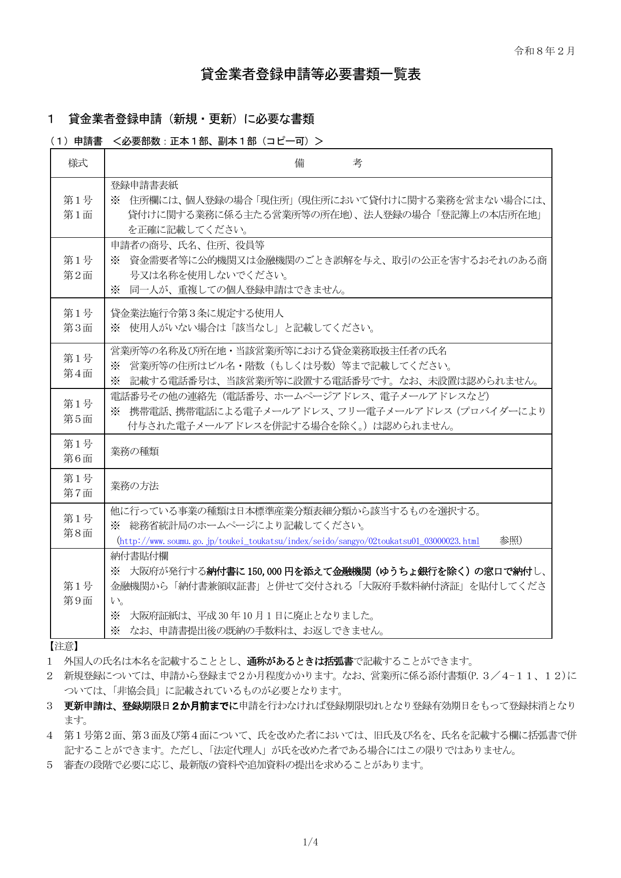 大阪府の貸金業者登録申請等必要書類一覧表（令和8年2月版）