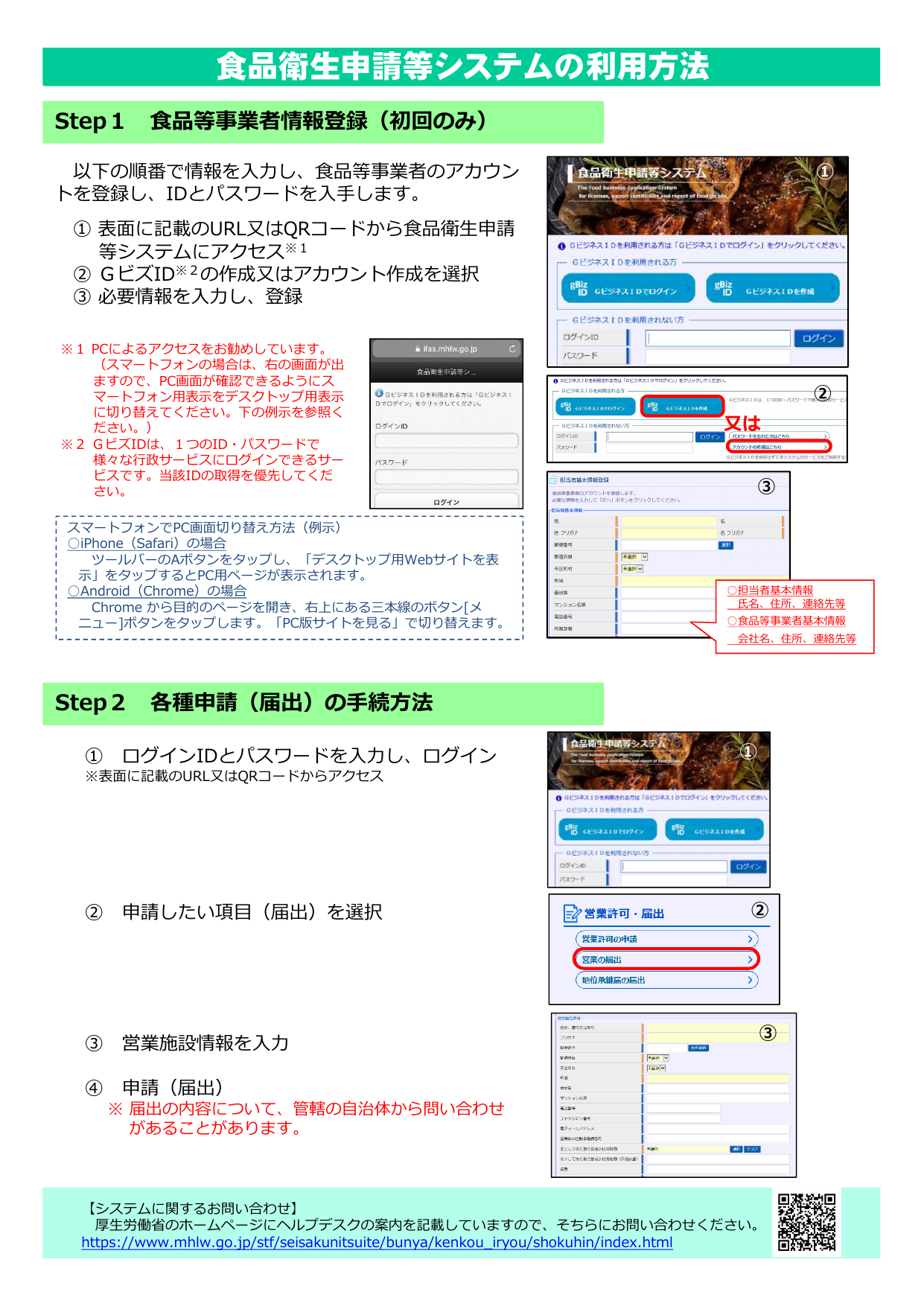食品衛生申請等システムの利用方法ガイド。Step1アカウント登録からStep2届出提出の手順