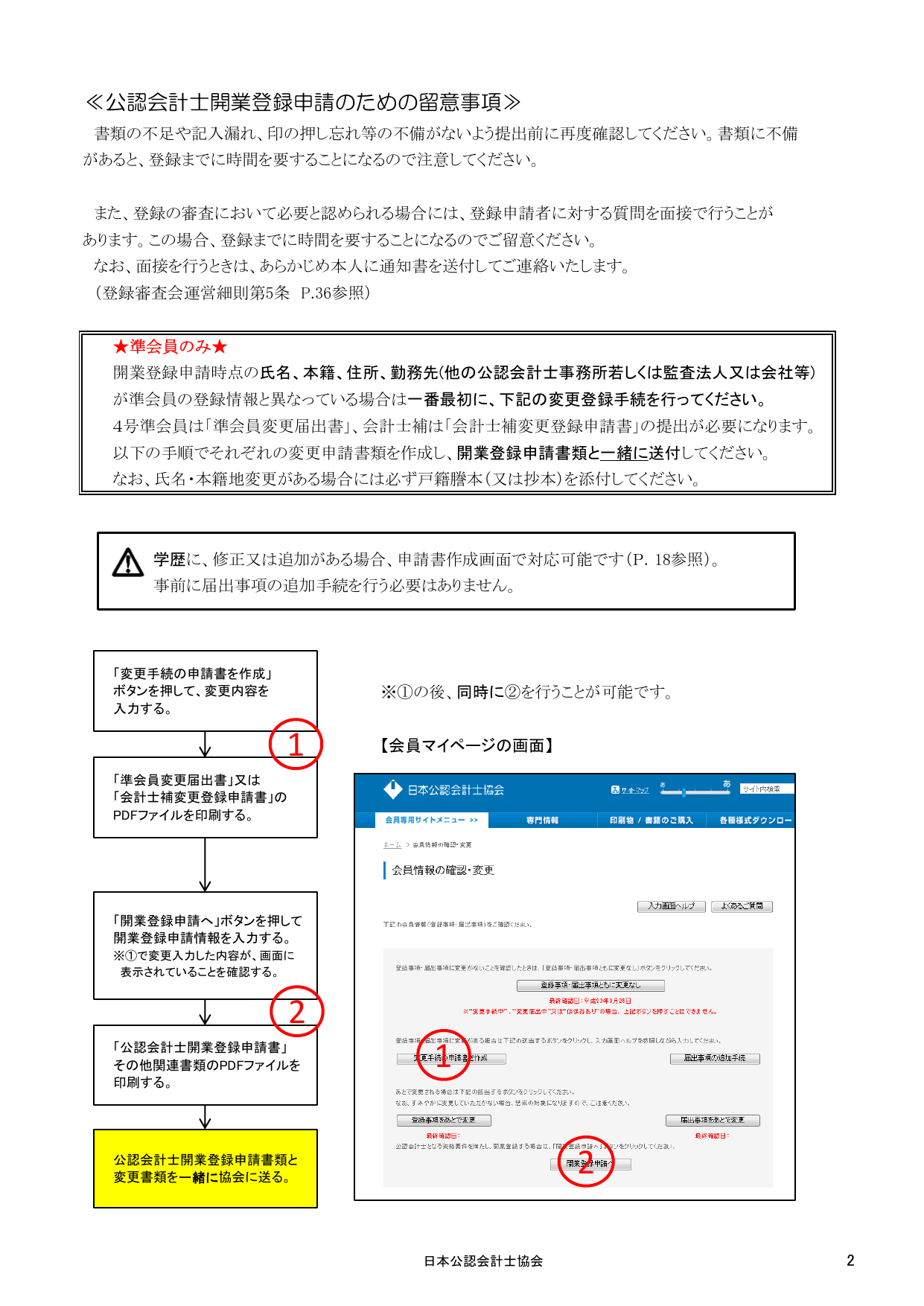 JICPA会員マイページでの公認会計士開業登録申請フロー図（準会員変更→開業登録申請書作成→提出）